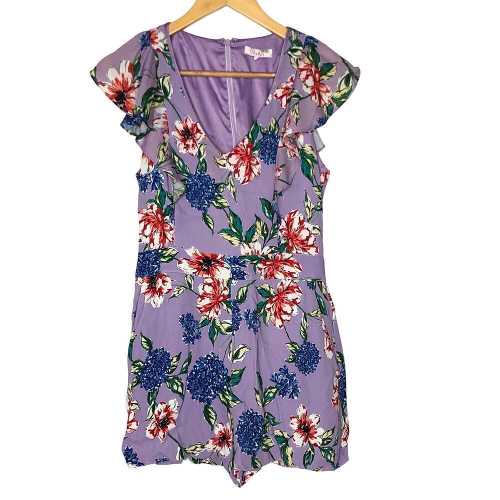 Parker Ana Combo Romper Shorts Flutter Sleeves V-Neck Floral Print Purple 2 - Picture 3 of 10